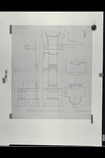 Alzati e sezioni di elementi architettonici della corte coperta nella sede di Milano della Banca Commerciale Italiana in piazza della Scala e via Manzoni