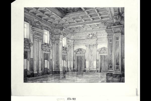 Assonometria della sala adunanze della sede centrale di Milano della Banca Commerciale Italiana in piazza della Scala e via Santa Margherita