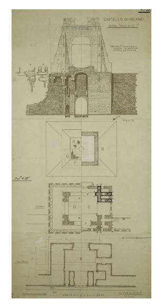Milano, Castello Sforzesco: Piante e prospetto della struttura del primo ordine della torre Umberto I