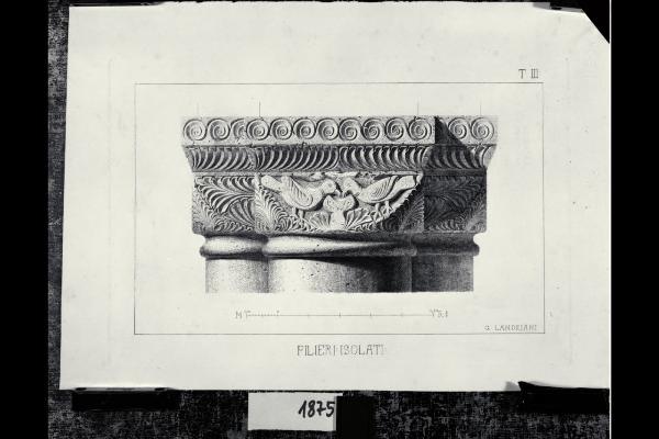 Chiesa di Santa Maria in Aurona a Milano, rilievo dell'apparato scultoreo: capitello di un pilastro con fregio fitomorfo e uccelli