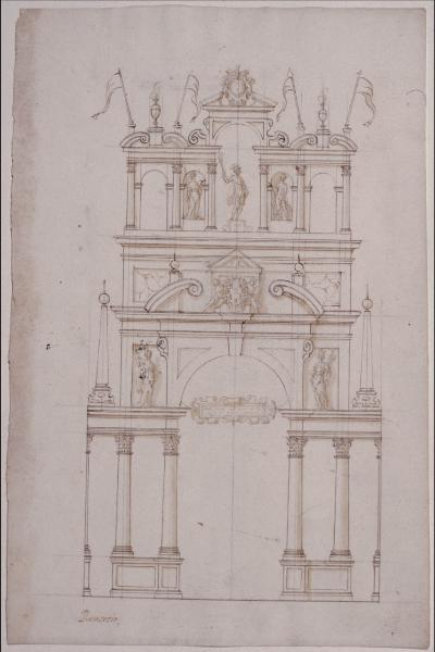Apparati effimeri per Margherita d'Austria: arco della regina, prospetto del rovescio