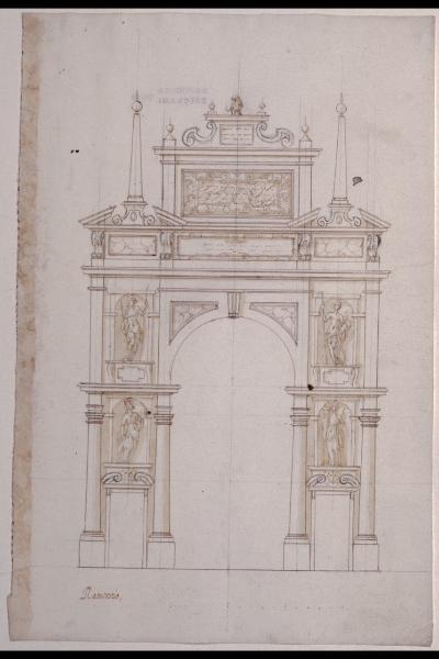 Apparati effimeri per Margherita d'Austria: arco dell'arciduca Alberto, prospetto del rovescio
