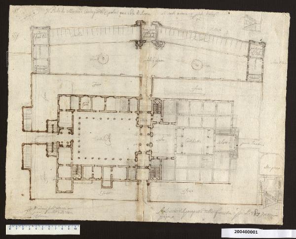 Pianta del piano terreno del castello di Austerlitz e delle scuderie, sezioni di scale