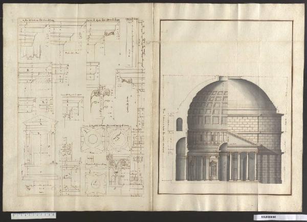 Particolari architettonici e semiprospetto e sezione del Pantheon