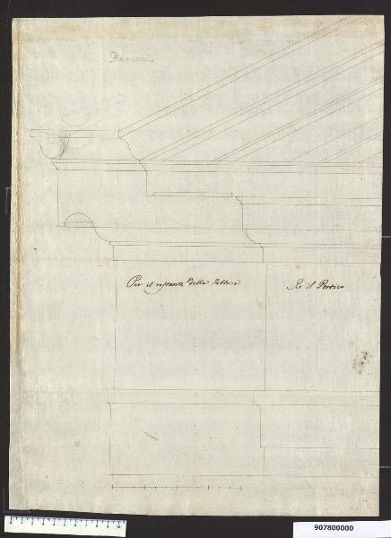 Cornice, frontone e trabeazione della facciata della villa Sardini a Pieve Santo Stefano