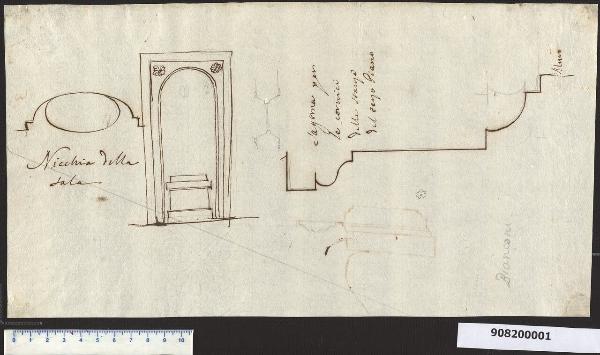 Pianta e alzato di nicchia, sezione di cornice della villa Sardini a Pieve Santo Stefano
