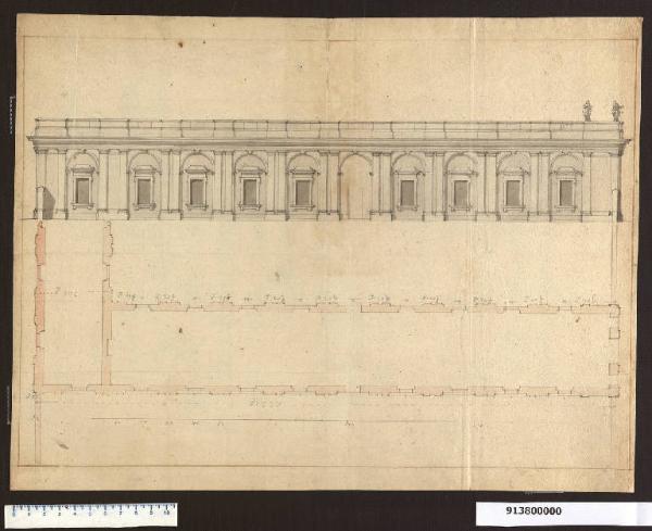 Pianta e prospetto per edificio di servizio del castello di Austerlitz