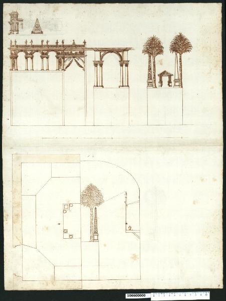 Pianta, prospetto e veduta prospettica di monumento e porticato