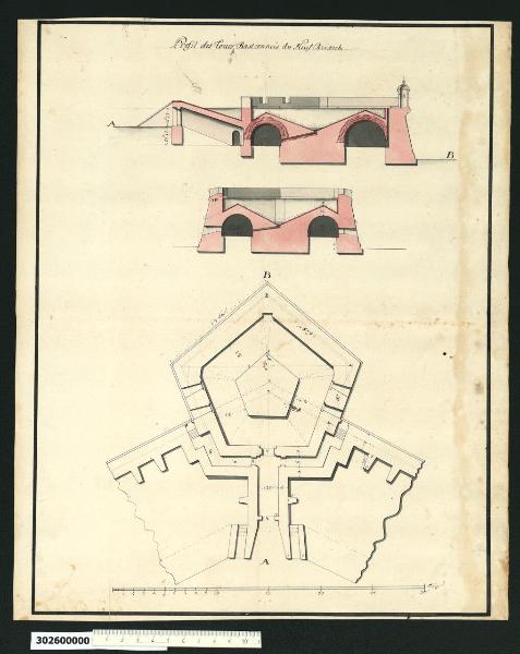 Pianta e sezioni delle torri bastionate di Neuf Brisach