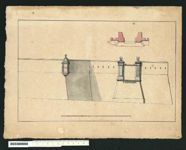 Prospetto parziale di fortificazione con garitta e porta d'ingresso alla città