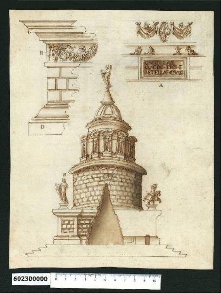 Veduta prospettica, sezione parziale e particolari architettonici del Mausoleo di Cecilia Metella a Roma
