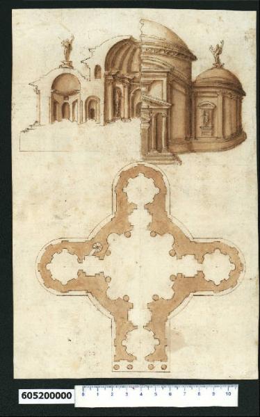 Pianta, sezione prospettica con veduta prospettica parziali di tempio antico a Palestrina