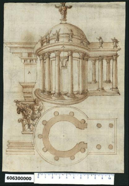 Pianta, veduta prospettica e particolari architettonici del tempio di Marte in Campidoglio a Roma