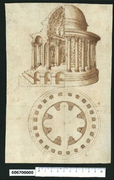 Pianta, sezione prospettica con veduta prospettica parziali del tempio di Portumno a Porto