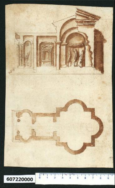 Pianta e sezione prospettica di tempio sulla via Appia