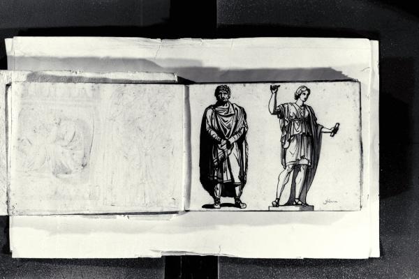 Figura maschile barbuta togata e statua di Diana