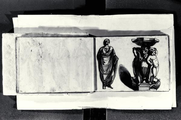 Figura maschile togata e piedistallo di un bacile con mascherone, putti e delfini