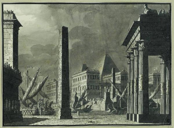 Piazza e porto di Alessandria. E' notte. Atto II, scena XII. "Cleopatra" di Joseph Weigl. Teatro alla Scala, 19 dicembre 1807