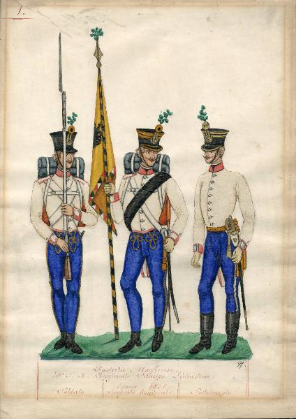 Fanteria Ungherese dell'Ie. R. Reggimento Principe Lichtenstein. Epoca 1838. Soldato, Sergente banderale, Sottotenente