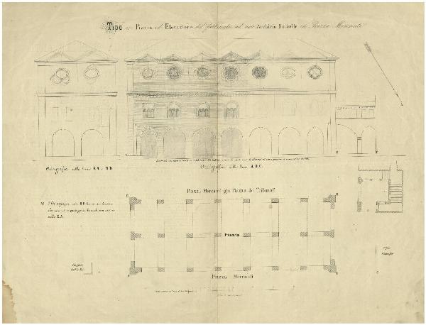 Tipo in pianta ed Elevazione del fabbricato ad uso Archivio Notarile in Piazza Mercanti