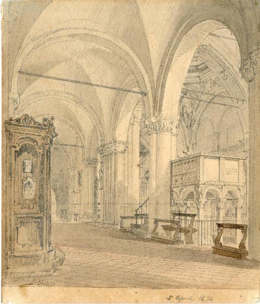 Interno della Basilica di Sant'Ambrogio, veduta della navata di sinistra con pulpito prima dei restauri del 1865