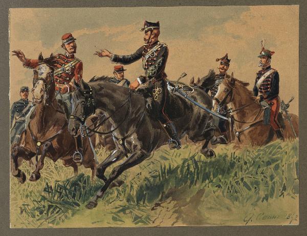 Titolo proprio: Cavalleria garibaldina 1860: capitano e guide garibaldine con luogotenente e ussari della Legione ungherese, reparti a cavallo