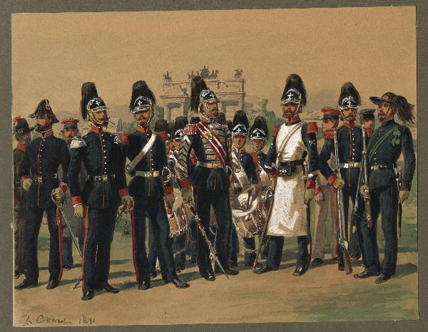 Titolo proprio: Guardia Nazionale di Milano 1848-49: ufficiali in alta e bassa tenuta, tam
buro maggiore, tamburini, 
zappatore e soldato in gran tenuta, bersagliere. Sullo sfondo militi in bassa tenuta