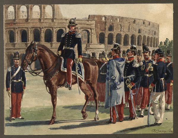 Titolo proprio: Repubblica Romana 1848-49: ufficiali e soldati del 1° Reggimento fanteria 
di linea in gran tenuta davanti al Colosseo