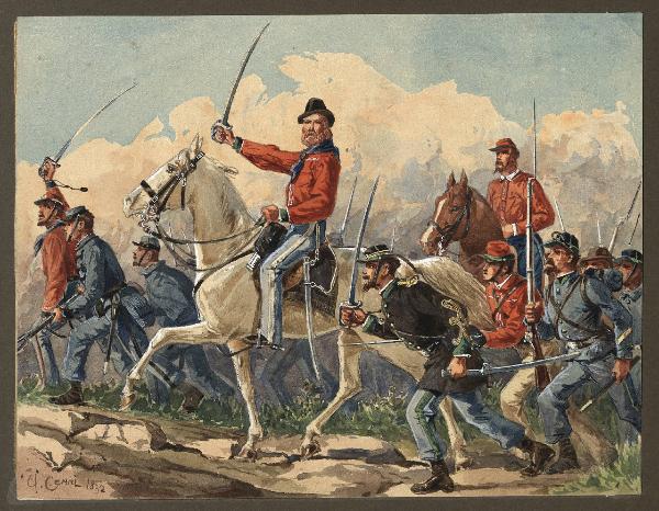 Titolo proprio: Garibaldi guida all'assato dei volontari garibaldini, con carabinieri Geno
vesi e Cacciatori delle Alpi nel 1859