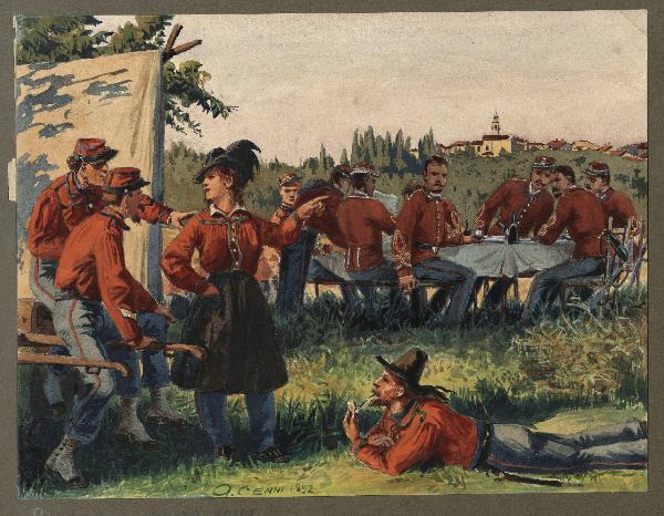 Titolo proprio: Bivacco di ufficiali e soldati del Corpo Volontari Nazionale nel 1866