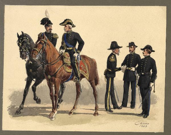 Titolo proprio: Due ufficiali a cavallo davanti a due ufficiali a piedi