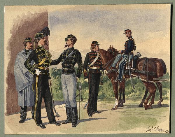 Titolo proprio: Artiglieria dell'esercito dell'Emilia 1859-60: tenente in bassa uniforme c
on mantella, tenente in alta uniforme, 
sottotenente in bassa uniforme, sergente e soldato.