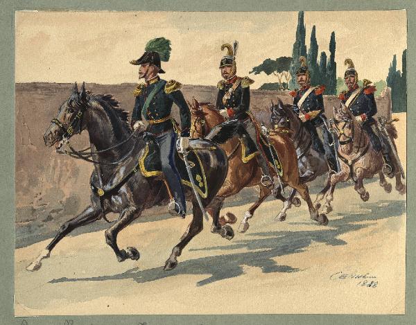 Titolo proprio: Governo Provvisorio Toscano 1859-60: ufficiale superiore, ufficiale, sottu
fficiale e tromba dei Dragoni in gran tenuta