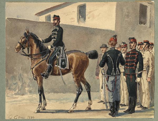 Titolo proprio: Esercito dell'Emilia: guide a cavallo o ussari di Modena, composte da un u
fficiale a cavallo e uno a piedi seguiti dal sergente e dalla truppa