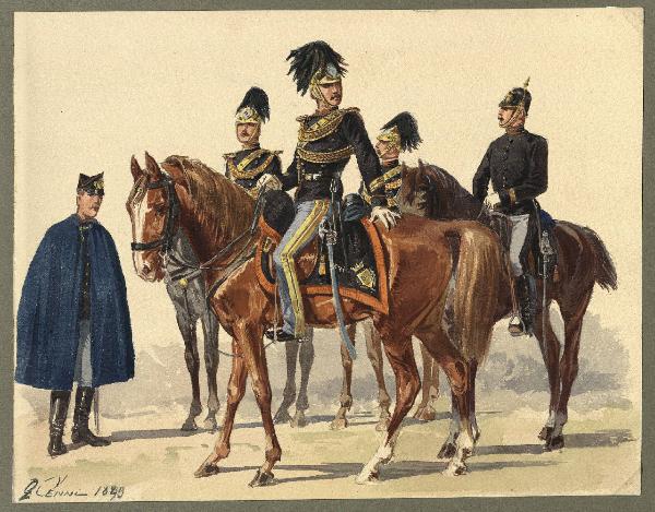 Titolo proprio: Soldato con mantella e ufficiali a cavallo del Governo Pontificio provviso
rio