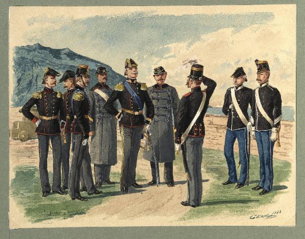 Titolo proprio: Soldati e sottufficiali dell'Artiglieria da Costa e da Fortezza in grande 
e piccola uniforme e con cappotto