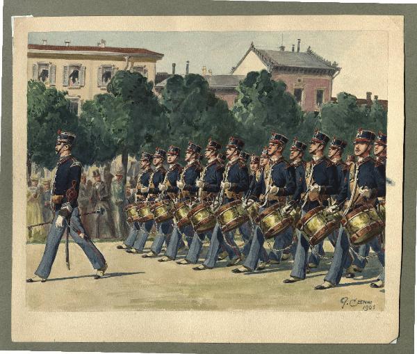 Titolo proprio: Decimo reggimento di fanteria in sfilamento con il Tamburo maggiore o "maz
ziere" e i tamburini