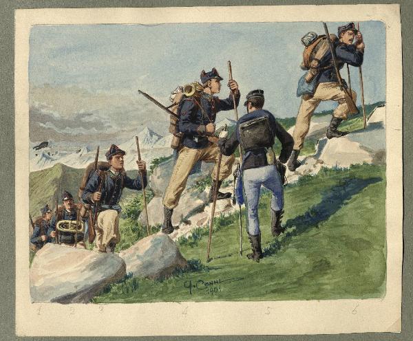 Titolo proprio: Soldati di un reparto di Alpini in addestramento alle marce in montagna