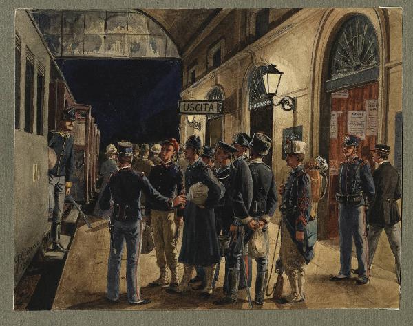 Titolo proprio: Fanti, cavalieri, carabinieri e marinai in attesa sulla banchina di una st
azione ferroviaria