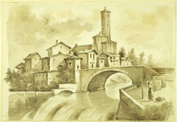 Veduta di paese presso un ponte sul fiume Lambro