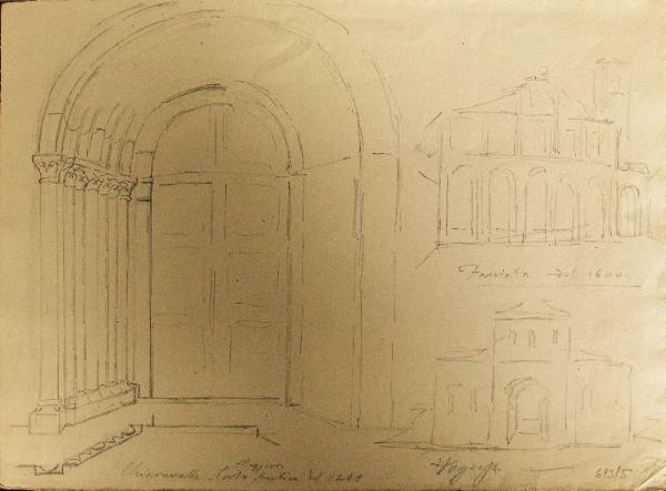 Particolare del portale e vedute dell'ingresso del complesso e della facciata della chiesa dell'Abbazia di Chiaravalle a Milano