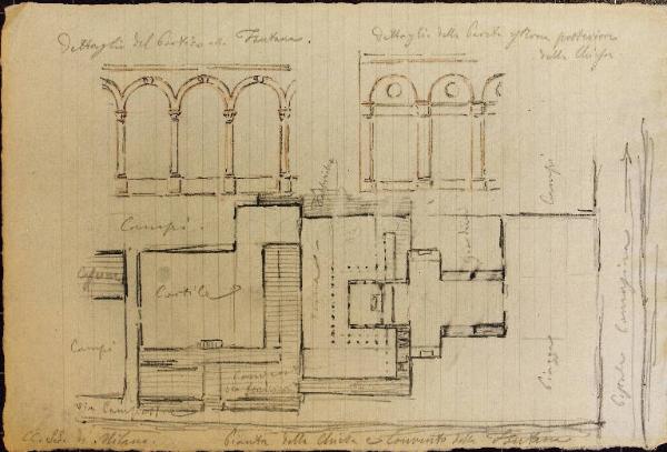Planimetria e dettagli del portico del complesso della chiesa di Santa Maria alla Fontana a Milano