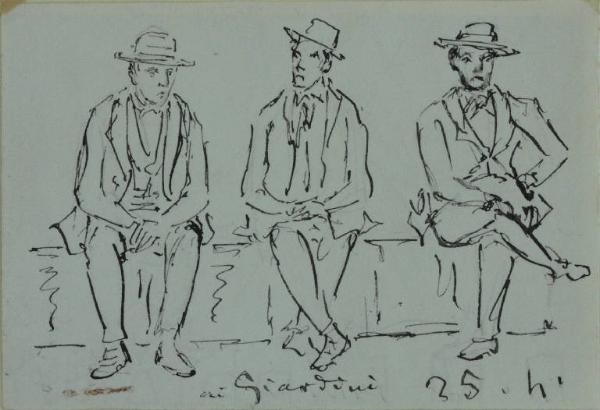 Tre uomini su una panchina ai giardini pubblici di Milano