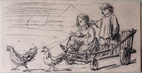 Due bambini in una carrozzella e due galline legate