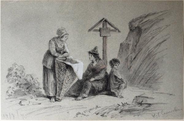 Due donne popolane e un bambino si riposano lungo un sentiero della Val Cannobina