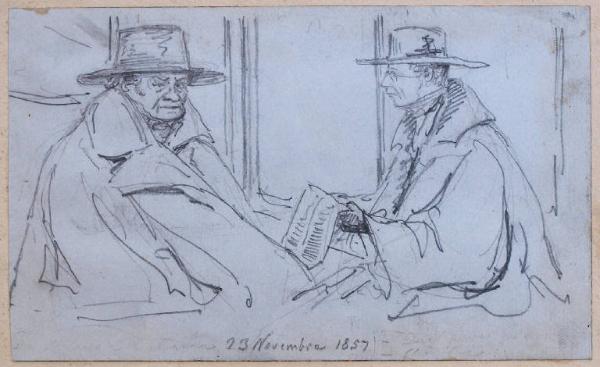 Due uomini seduti in carrozza, in viaggio da Milano a Galliavola