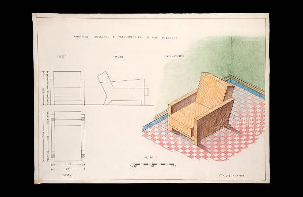 Proiezioni ortogonali e assonometrica di una poltrona