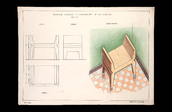 Proiezioni ortogonali e assonometrica di uno sgabello