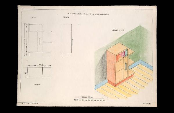 Proiezioni e assonometria di un mobiletto moderno