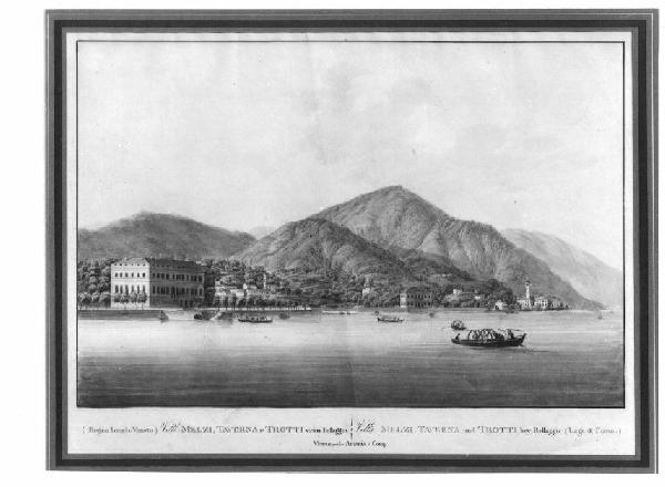 Veduta del lago di Como, ville Melzi, Taverna e Trotti.

.